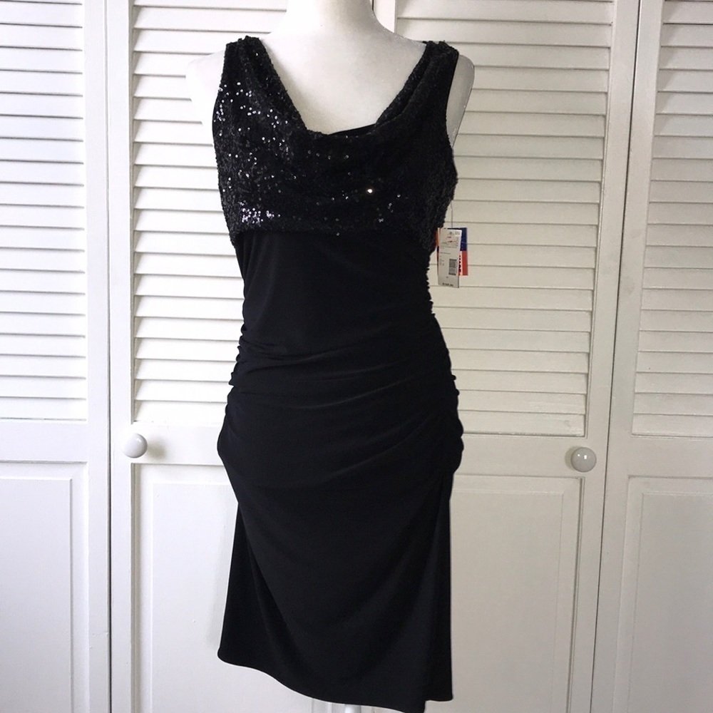 Nightway Short Rouched Sequin Black Dress
